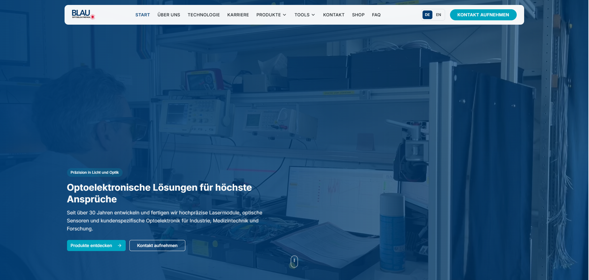 Blau Optoelektronik – Screenshot der Website